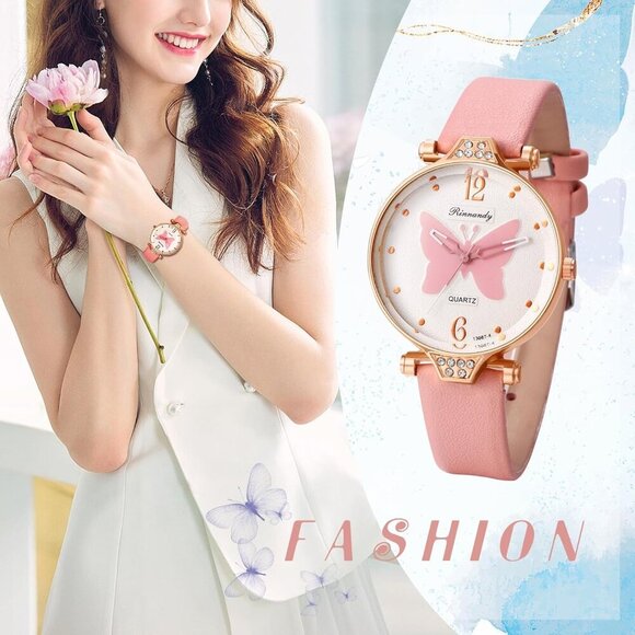Romantic Butterfly Pattern Quartz Watch - Elegant Leather Strap for Women - Picture 7 of 9